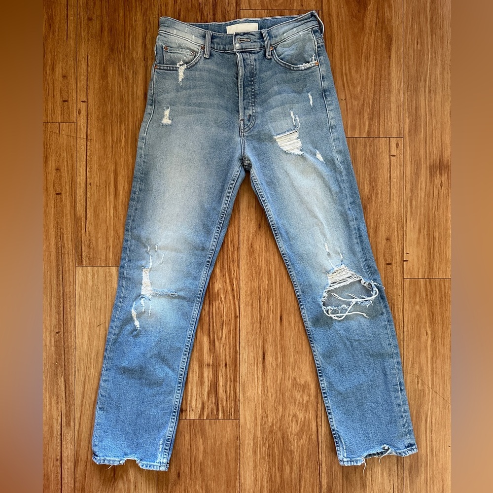 MOTHER distressed straight leg cropped denim